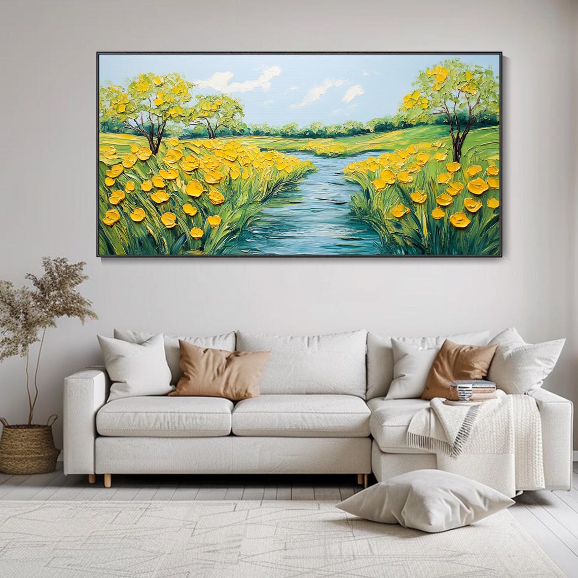 Yellow Flower Field By The Stream Blue Sky Impasto Landscape Poster - Image 2