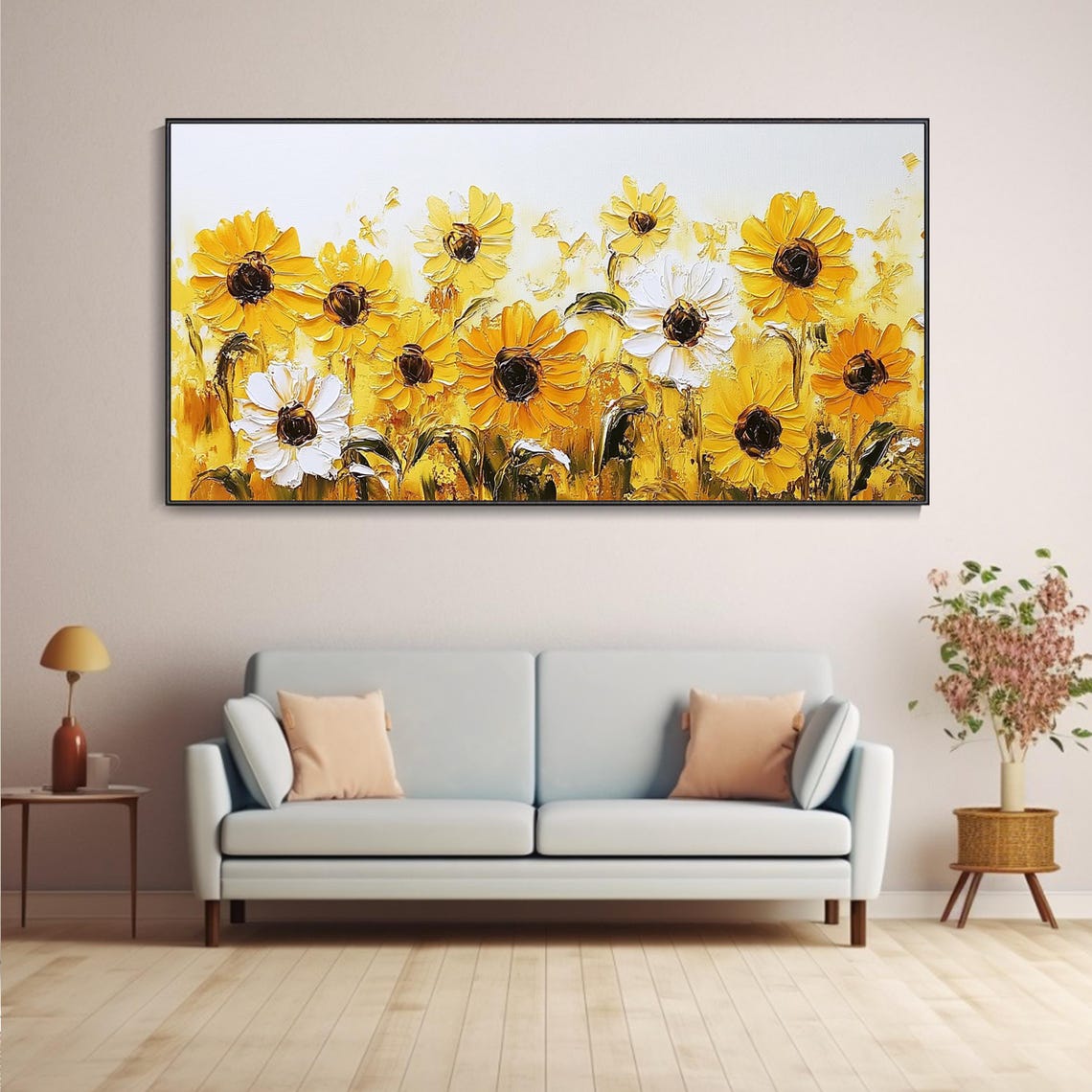 Bright Sunflower Field White Background Golden Impasto Floral Poster - Image 5