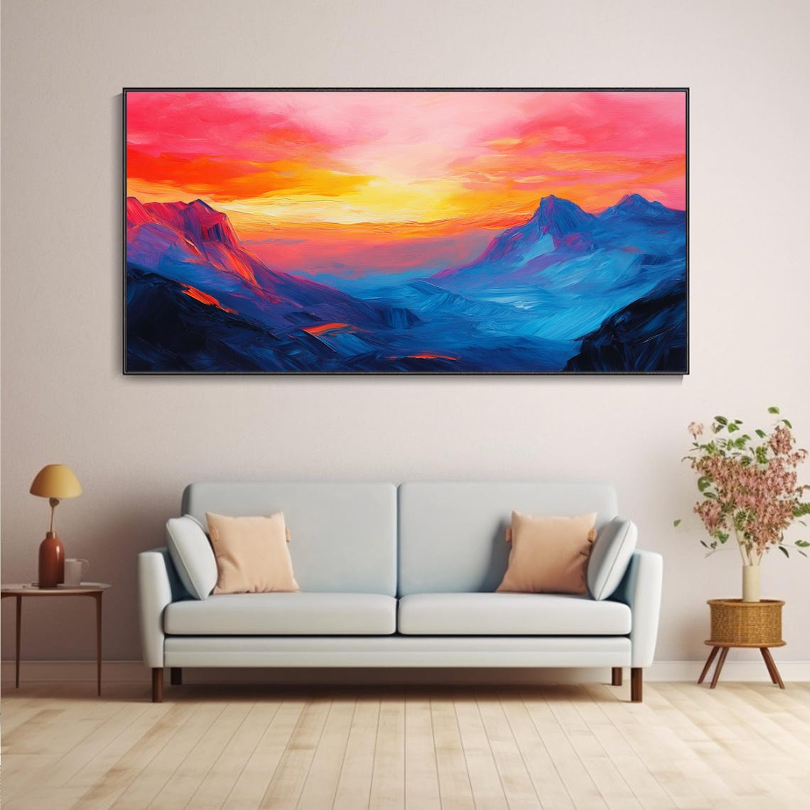 Pink Blue Abstract Mountain Sunset Panoramic Painting Poster - Image 5