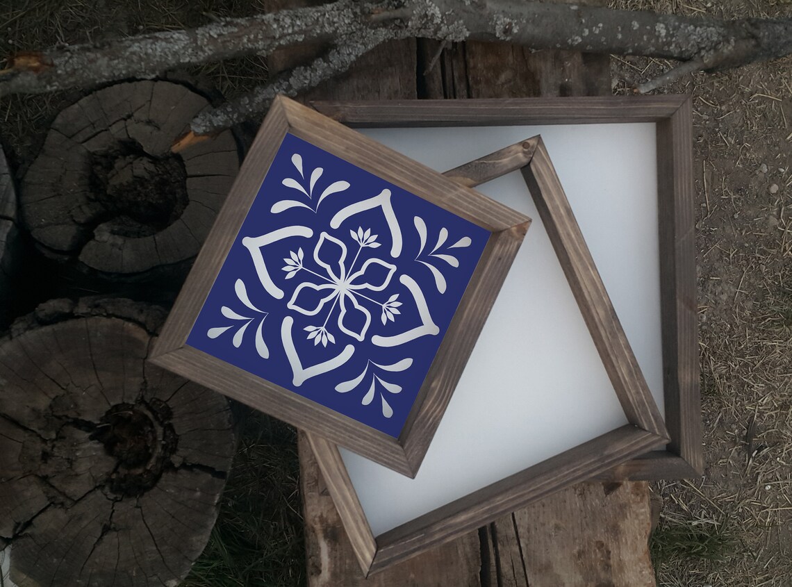 Blue Floral Tile Mosaic Rustic Wood Frame Farmhouse Art Poster