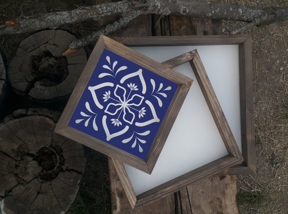 40 Off Farmhouse Tile Painting Blue Tile Mosaic Wood Frame Boho Home Decor