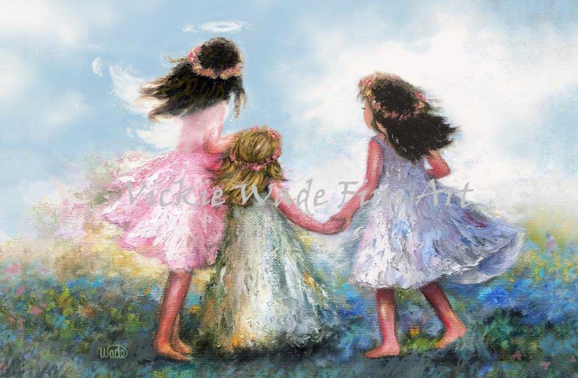 Three Little Sisters Dancing Together in a Flower Field Poster - Image 4