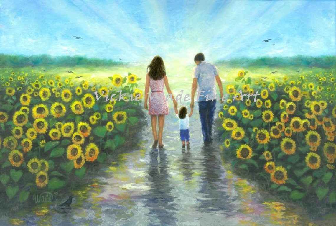 Sunflower Walk Daughter Art Print Mother Father Daughter Walking Towards Sunset Girl Memorial Redhead Mom Dad Daughter Vickie Wade Art