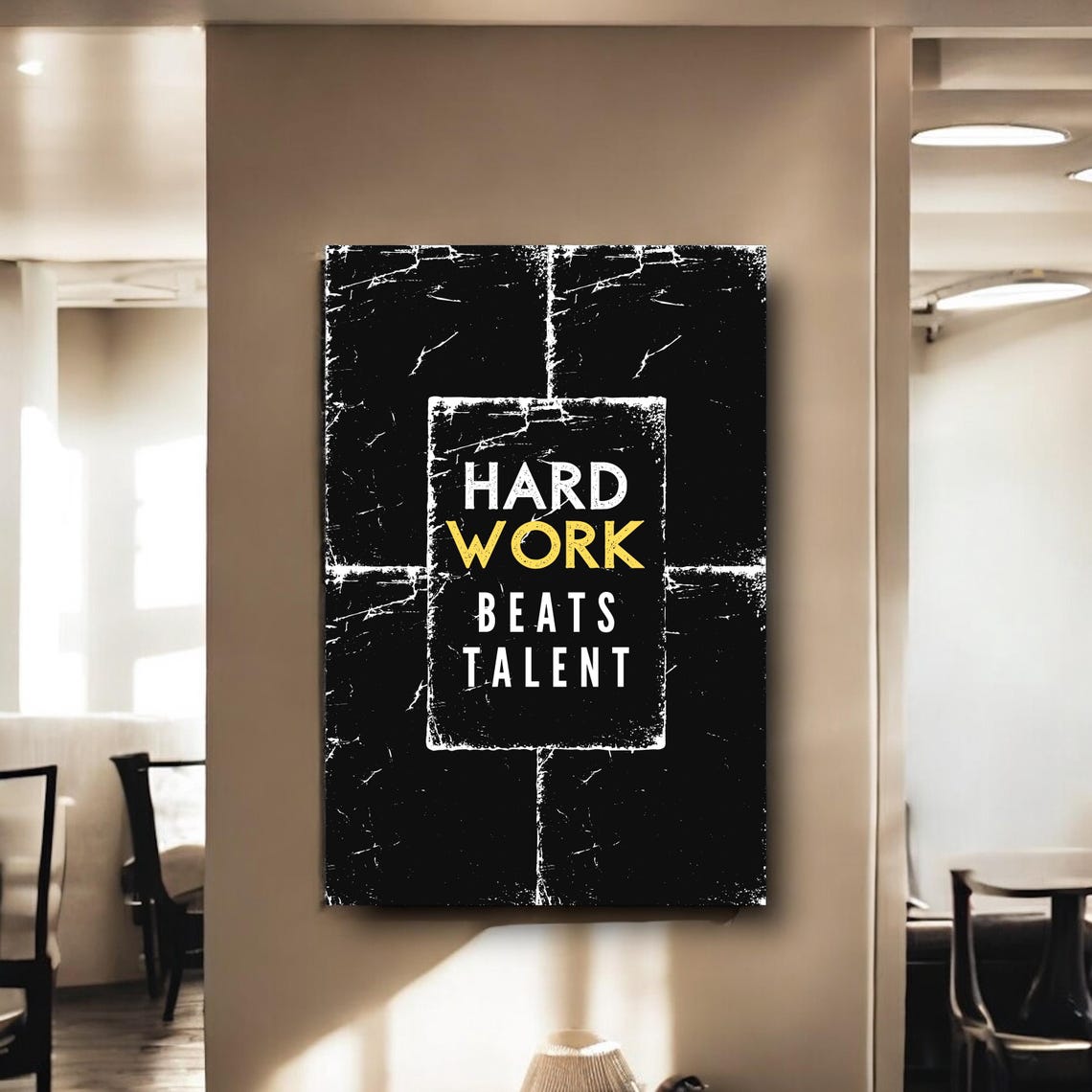 Hard Work Beats Talent Grunge Gold Accent Black Quote Wall Art