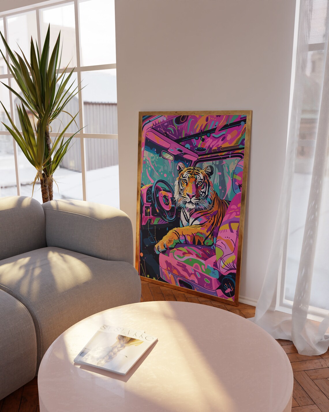 Neon Tiger Driving a Pink Graffiti Painted Car Interior Poster - Image 4