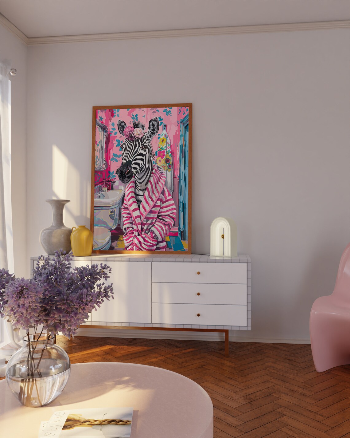 Funny Zebra in Pink Striped Robe Flower Crown Bathroom Poster - Image 2