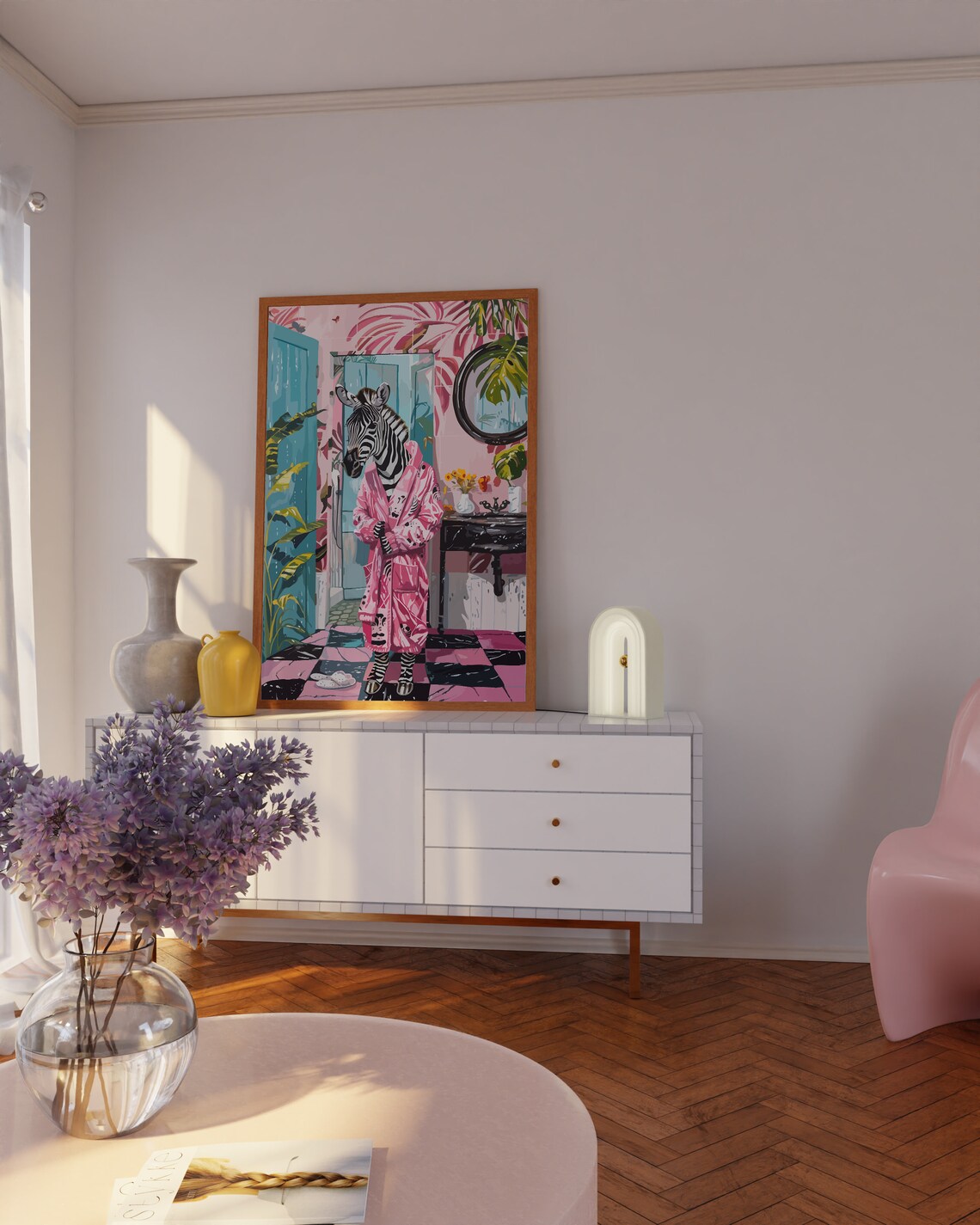 Zebra in Pink Robe Tropical Bathroom Funny Eclectic Zebra Wall Art - Image 2