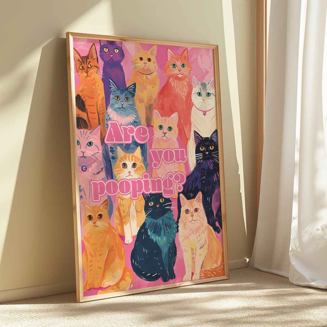 Funny Cats Asking Are You Pooping Pink Maximalist Bathroom Wall Art - Image 2