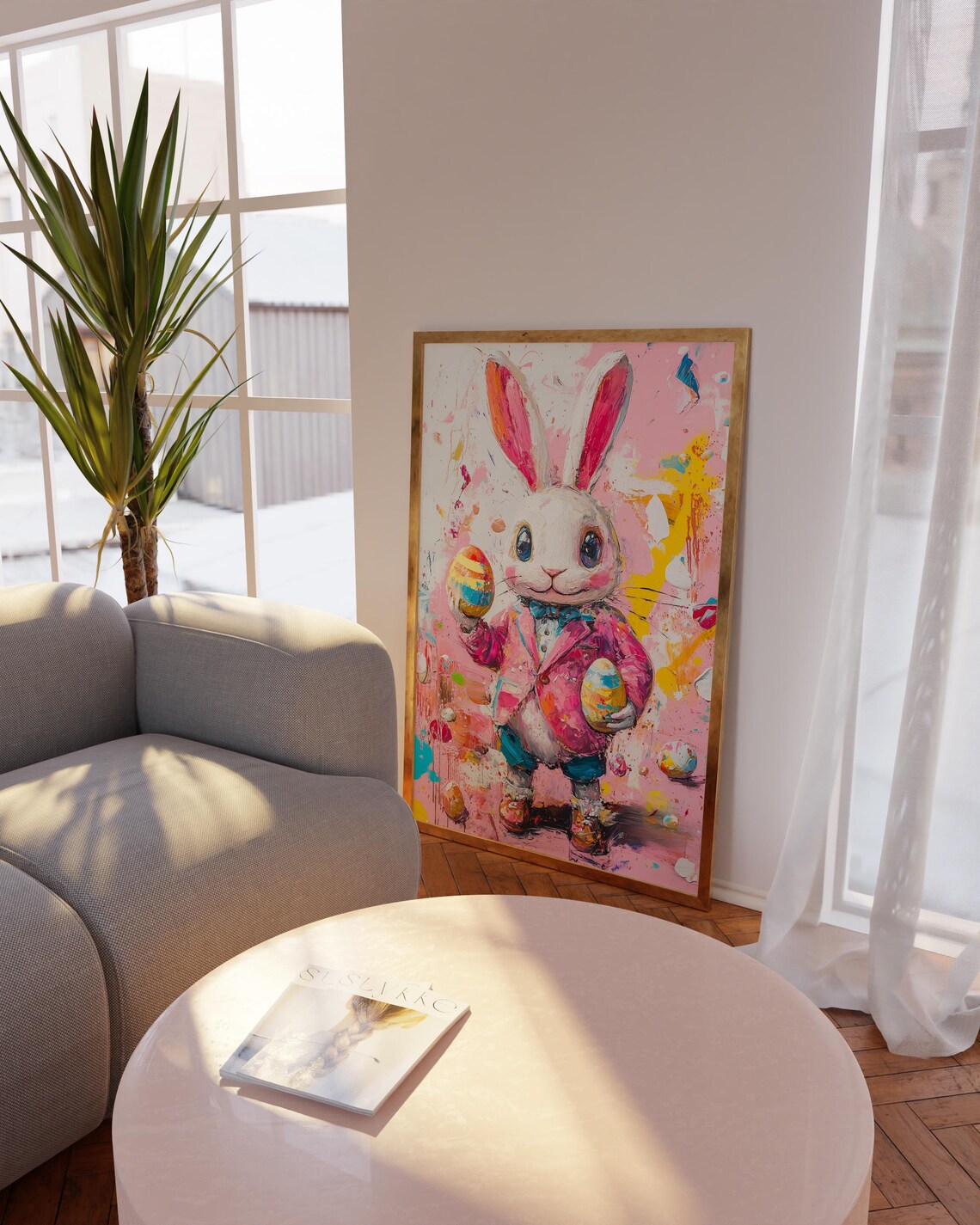 Dapper Bunny in Pink Blazer Holding Painted Easter Eggs Poster - Image 4