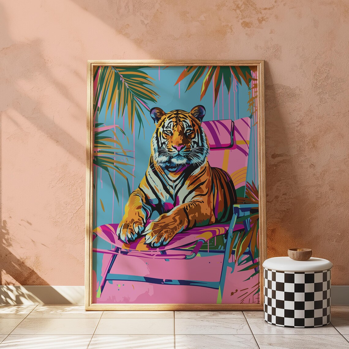 Tiger on Pink Beach Lounger Palm Leaves Tropical Maximalist Poster - Image 2