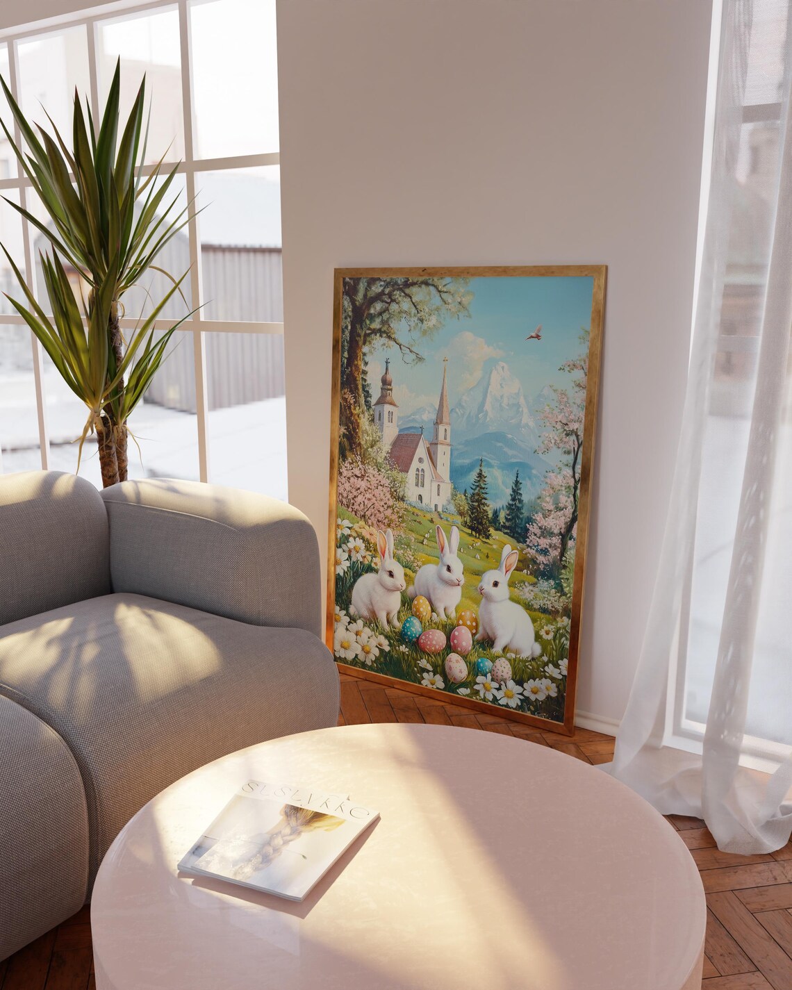 Easter Rabbits Among Daisies by Alpine Church Snow Peak Poster - Image 4