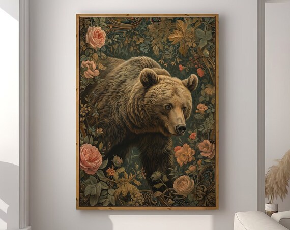 William Morris Inspired Brown Bear Floral Botanical Wall Art