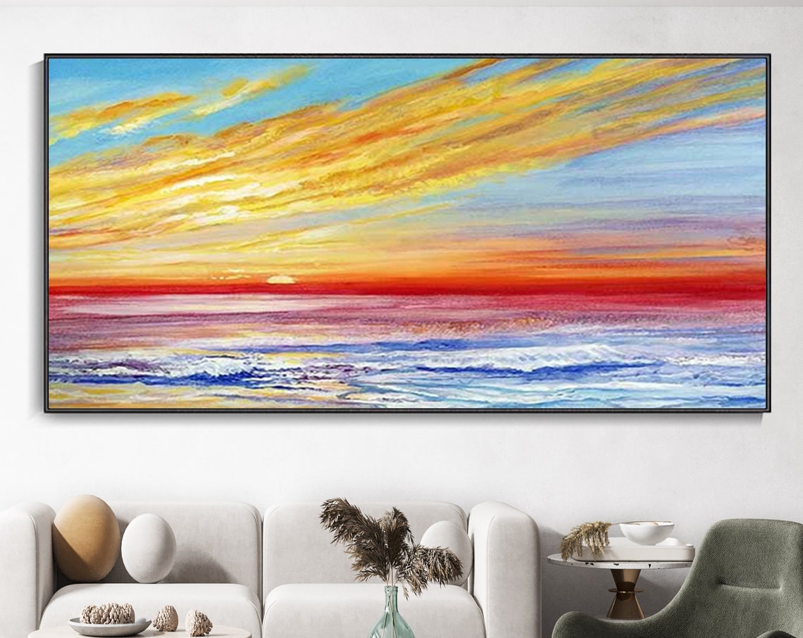 Panoramic Ocean Sunset Streaked Clouds Golden Seascape Poster