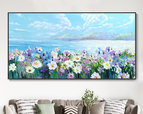 Coastal Wildflower Meadow Daisies Ocean Hills Landscape Poster
