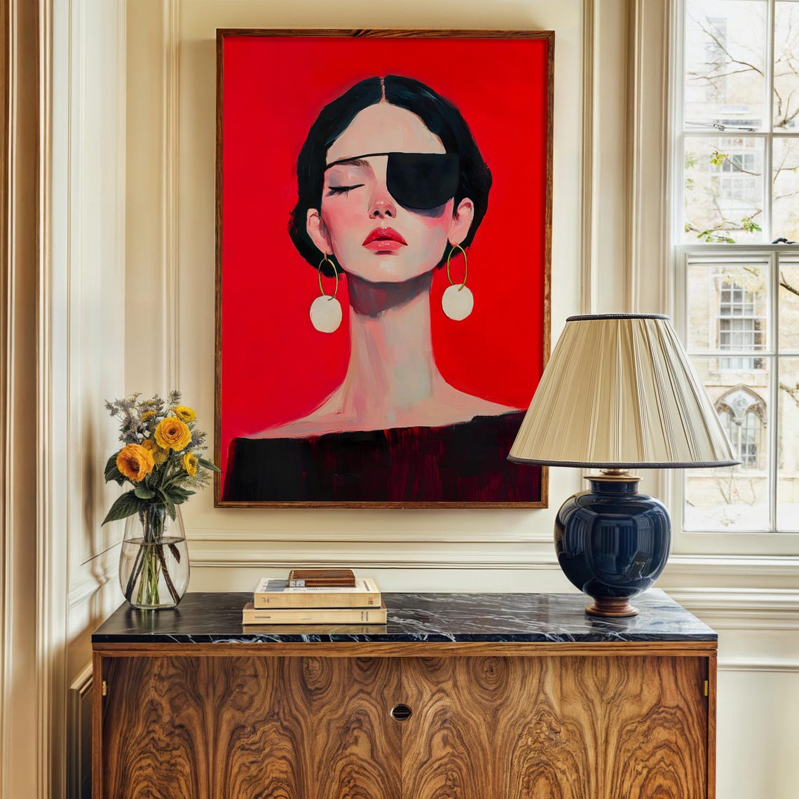 Woman With Eye Patch Womans Portrait Print Female Portrait Painting Fashion Poster Contemporary Woman Art Maximalist Decor Red Wall Art - Image 2