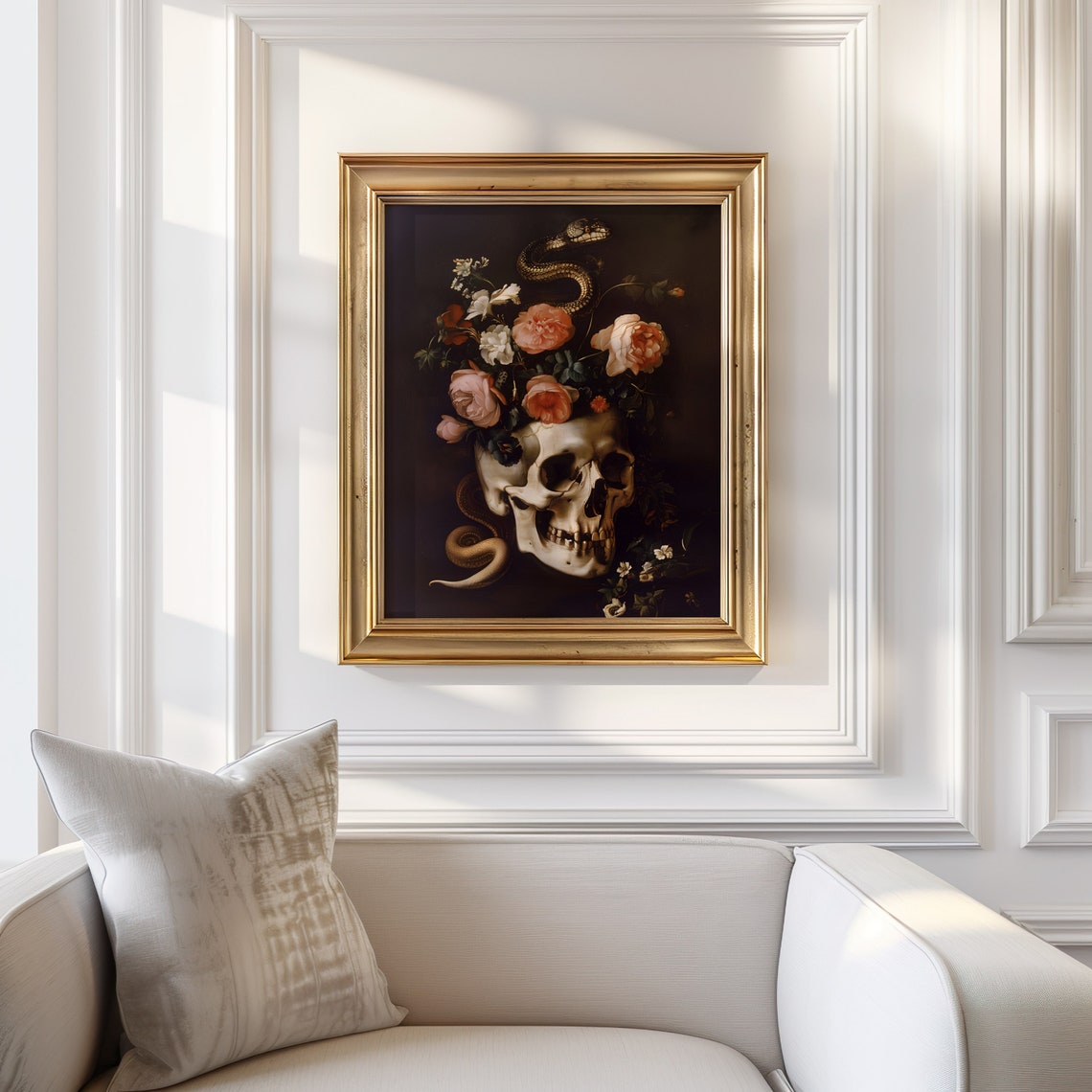Skull Art Print Floral Skull Painting Moody Skull Print Gothic Decor Dark Academia Print Snakes Wall Art Goth Skeleton Print Moody Painting - Image 3
