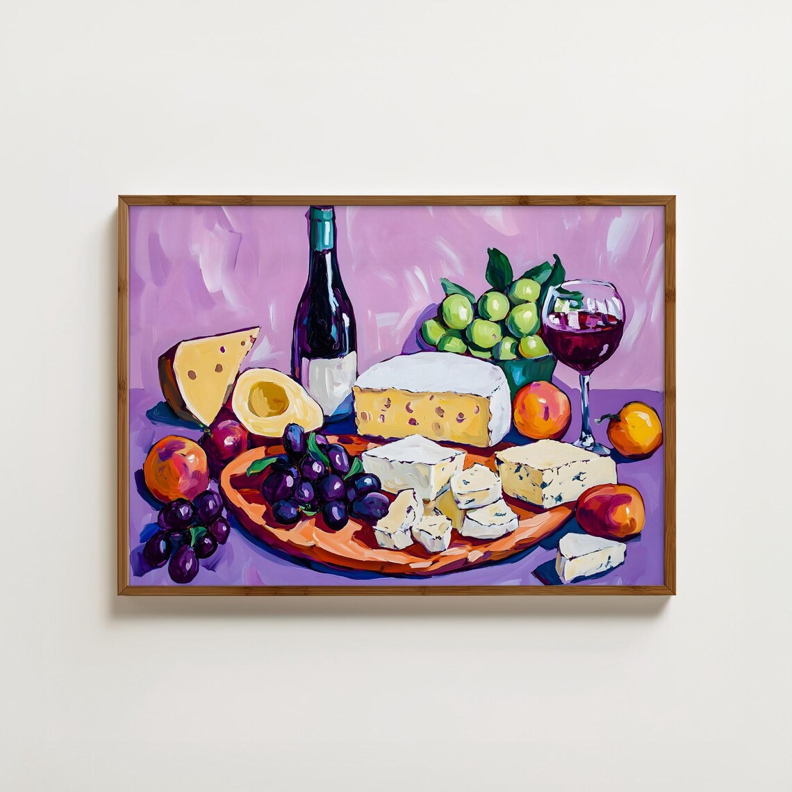 Wine And Cheese Board Still Life With Grapes On Purple Background Poster