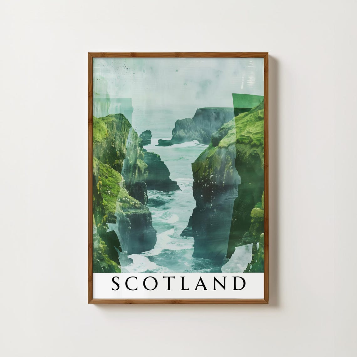 Scotland Dramatic Green Sea Cliffs Misty Coastal Travel Poster