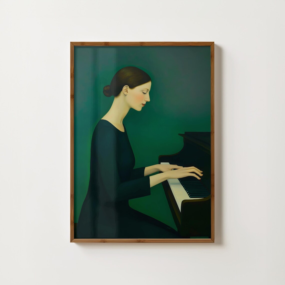 Elegant Woman Playing Grand Piano Against Emerald Green Art Print