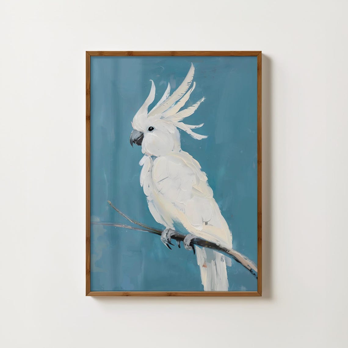 White Cockatoo Perched on a Branch Against Blue Painting Poster