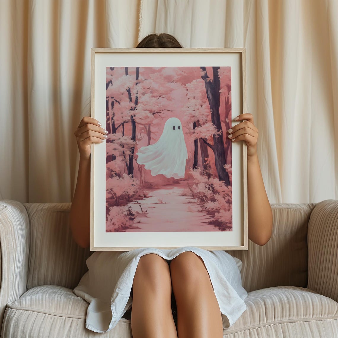 Cute Little Ghost Floating In A Pink Cherry Blossom Forest Poster - Image 3