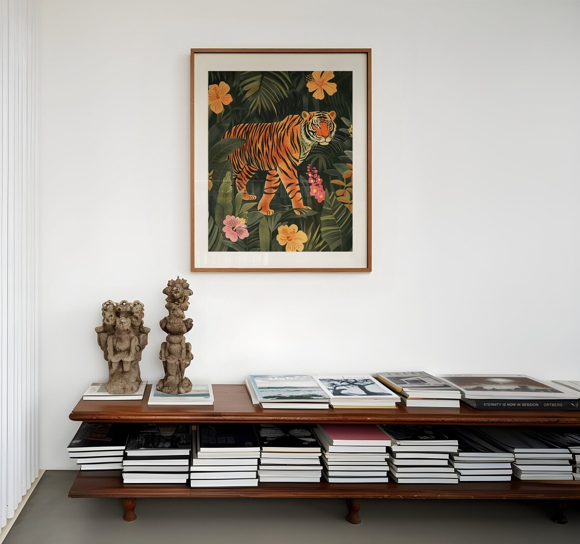 Tiger Prowling Through Dark Jungle Hibiscus Flowers Art Poster - Image 3