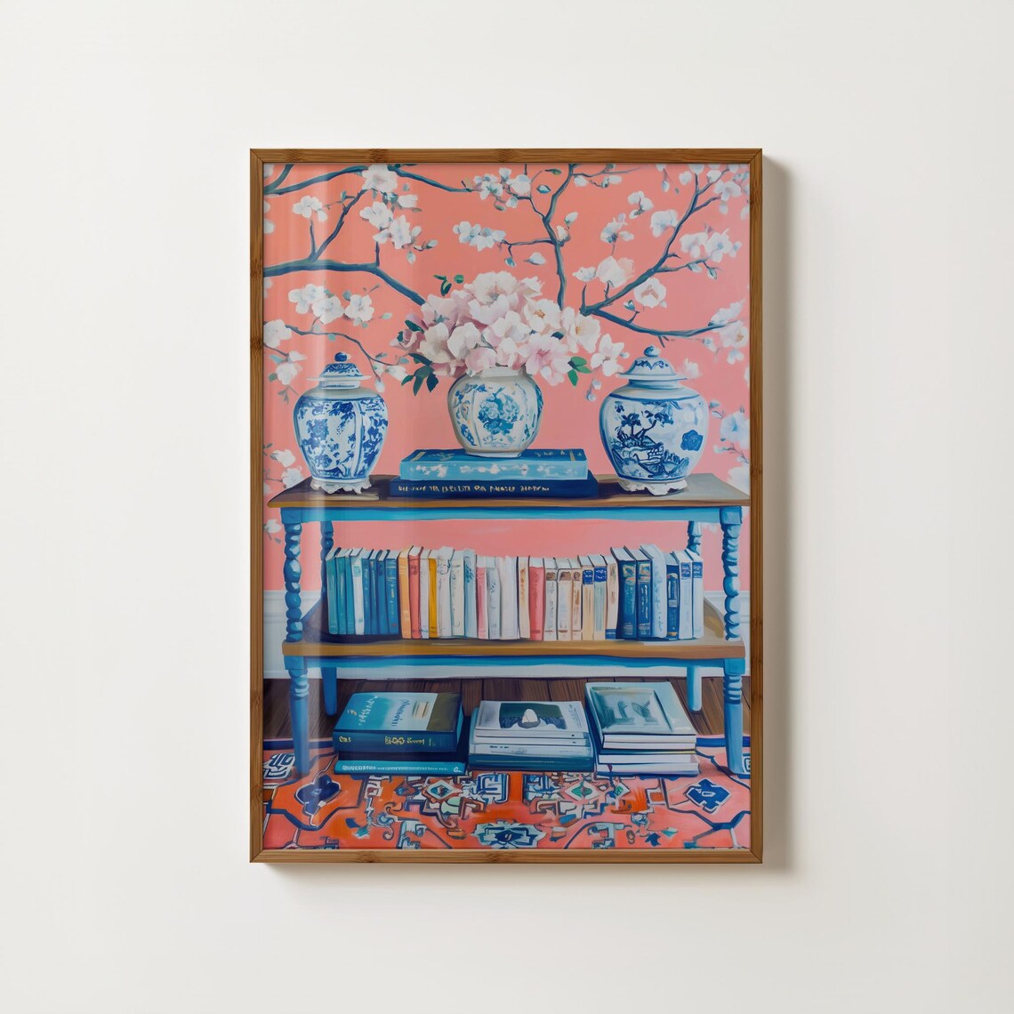 Chinoiserie Bookshelf With Ginger Jars Coral Blossom Art Print
