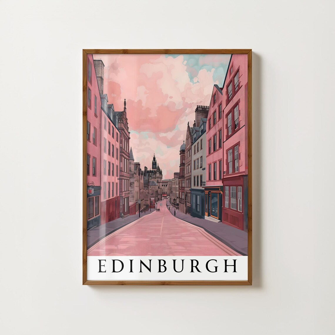 Edinburgh Royal Mile Street In Pink Hues Vintage Travel Poster