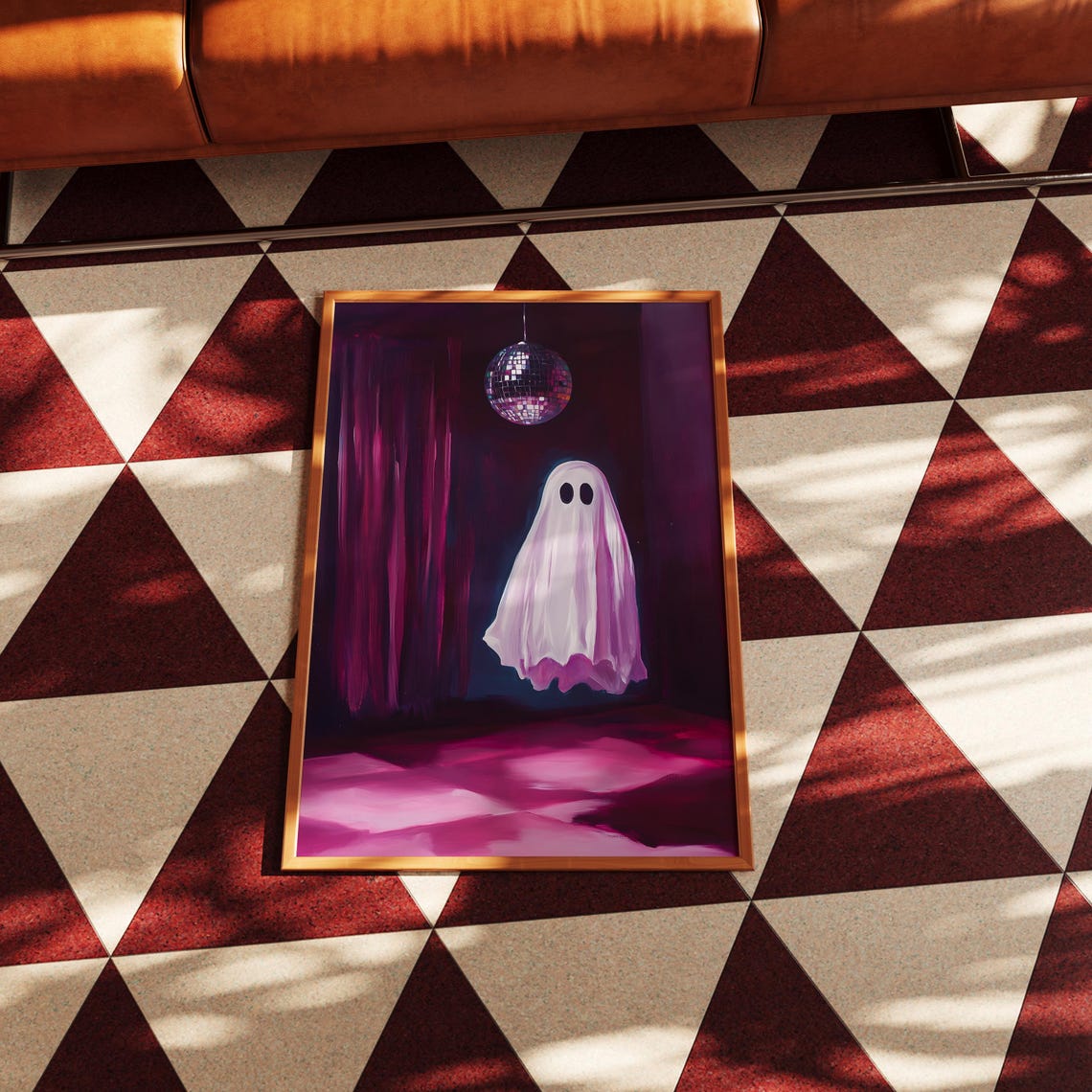 Cute Ghost Floating Under A Disco Ball In A Pink Room Halloween Poster - Image 3