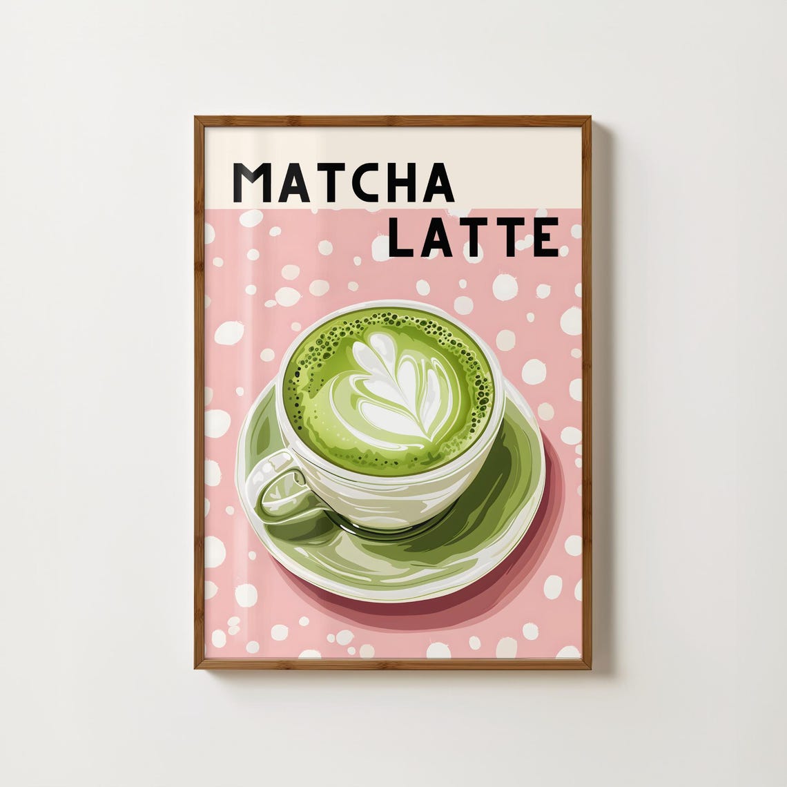 Matcha Latte in a Cup Pink Polka Dot Cafe Kitchen Art Poster