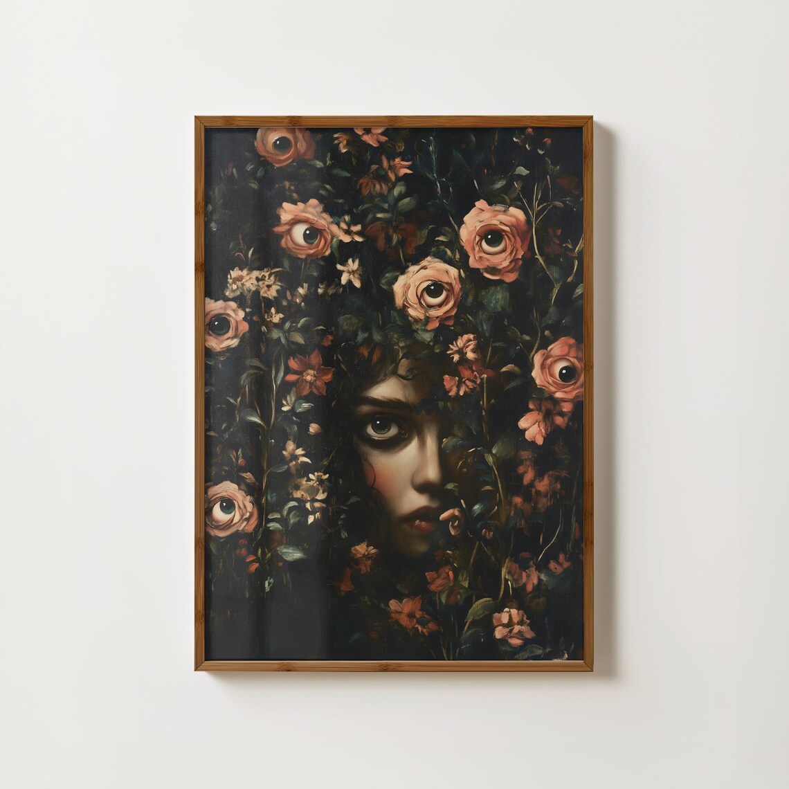 Mysterious Woman Hidden Among Dark Floral Eye Roses Gothic Print