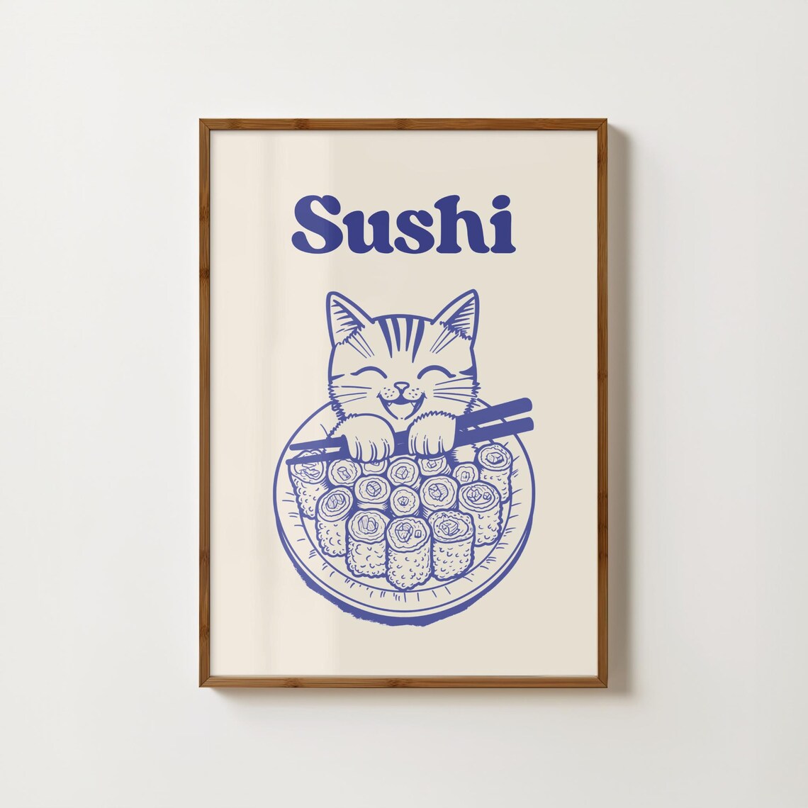 Sushi Cat With Chopsticks Cute Blue Line Illustration Kitchen Poster