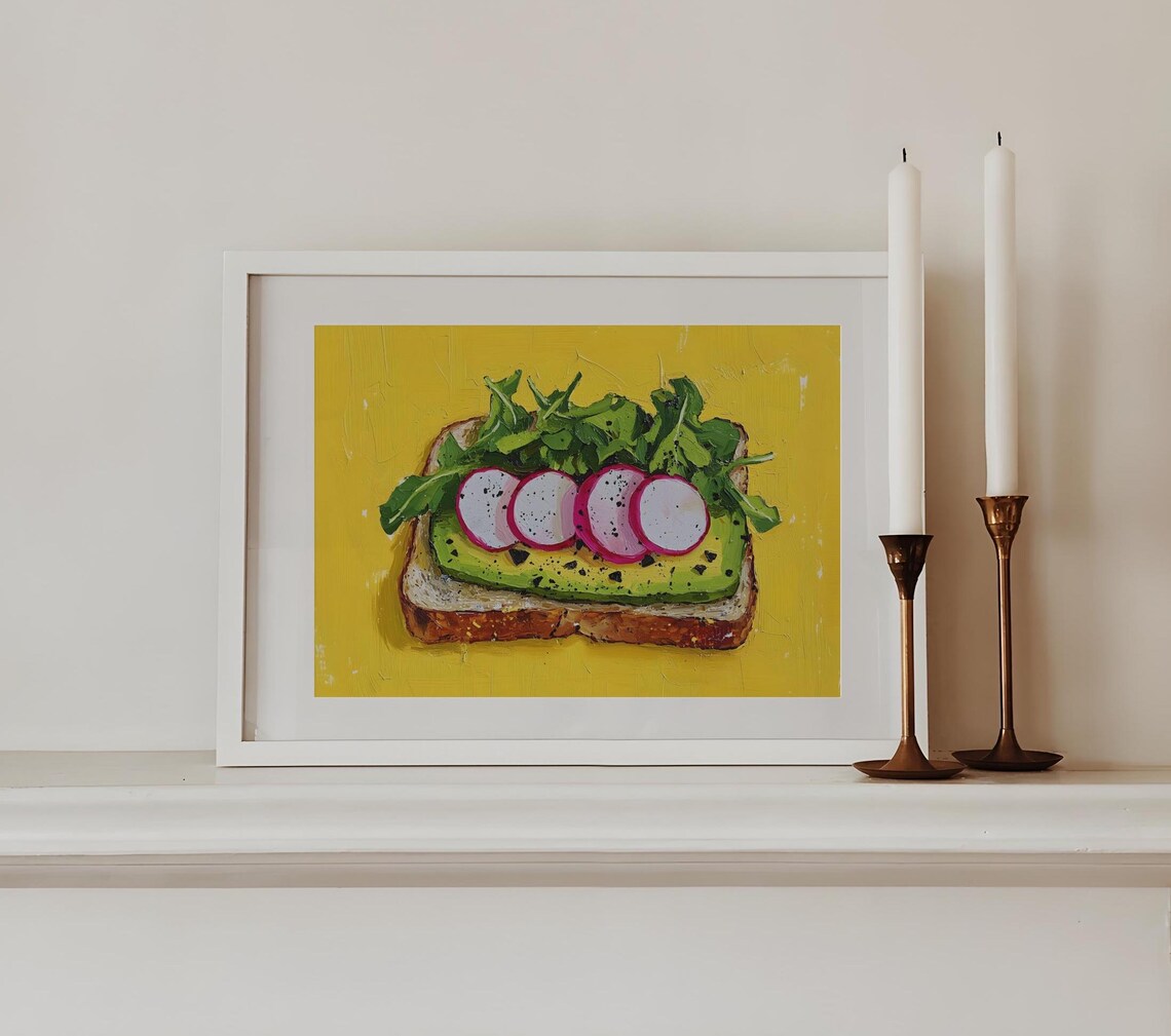 Avocado Toast With Radish Slices And Greens On Yellow Food Poster - Image 2