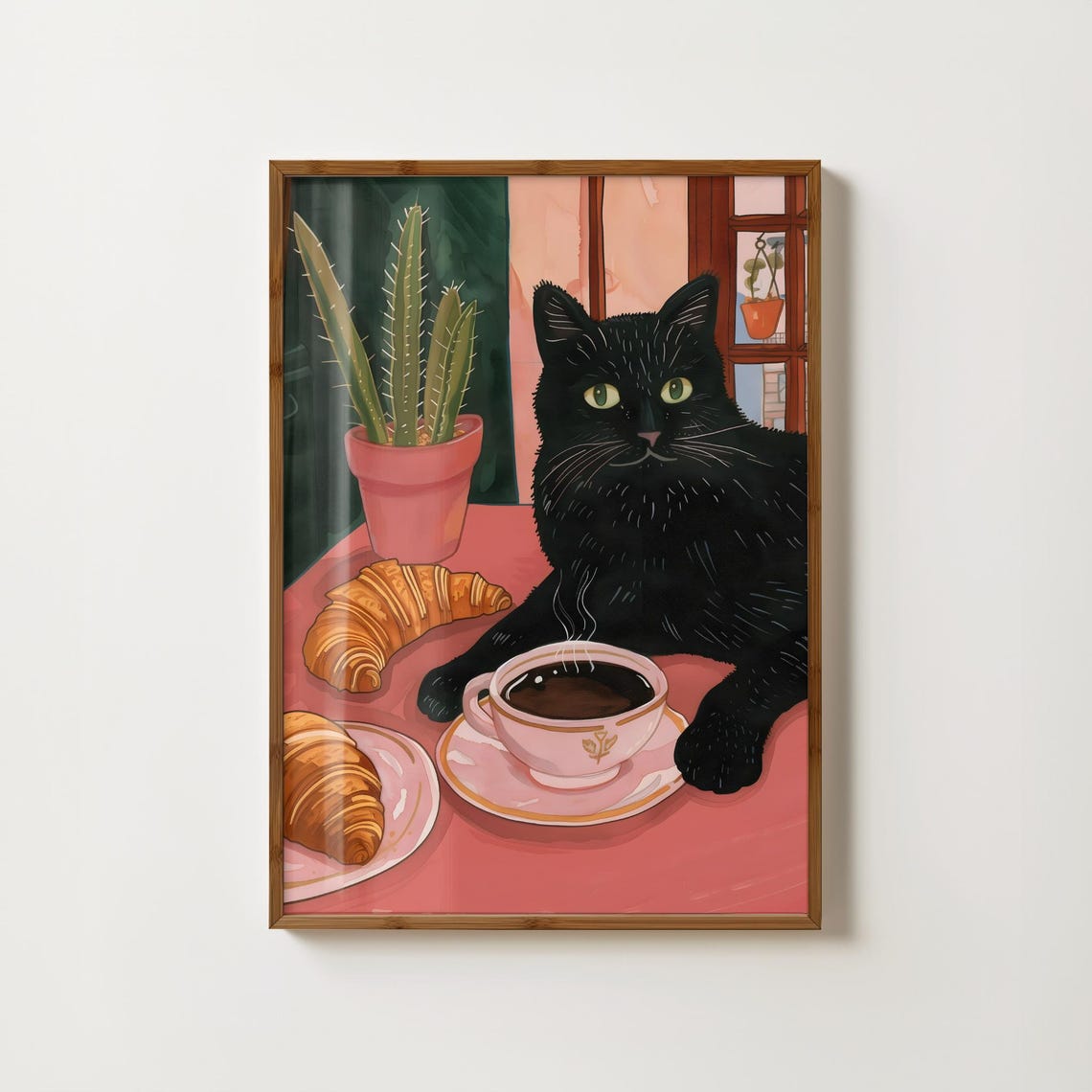 Black Cat With Coffee And Croissants At Pink Cafe Table Art Poster