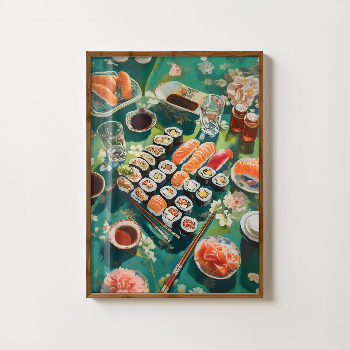 Overhead Sushi Feast On Teal Tablecloth Japanese Food Poster