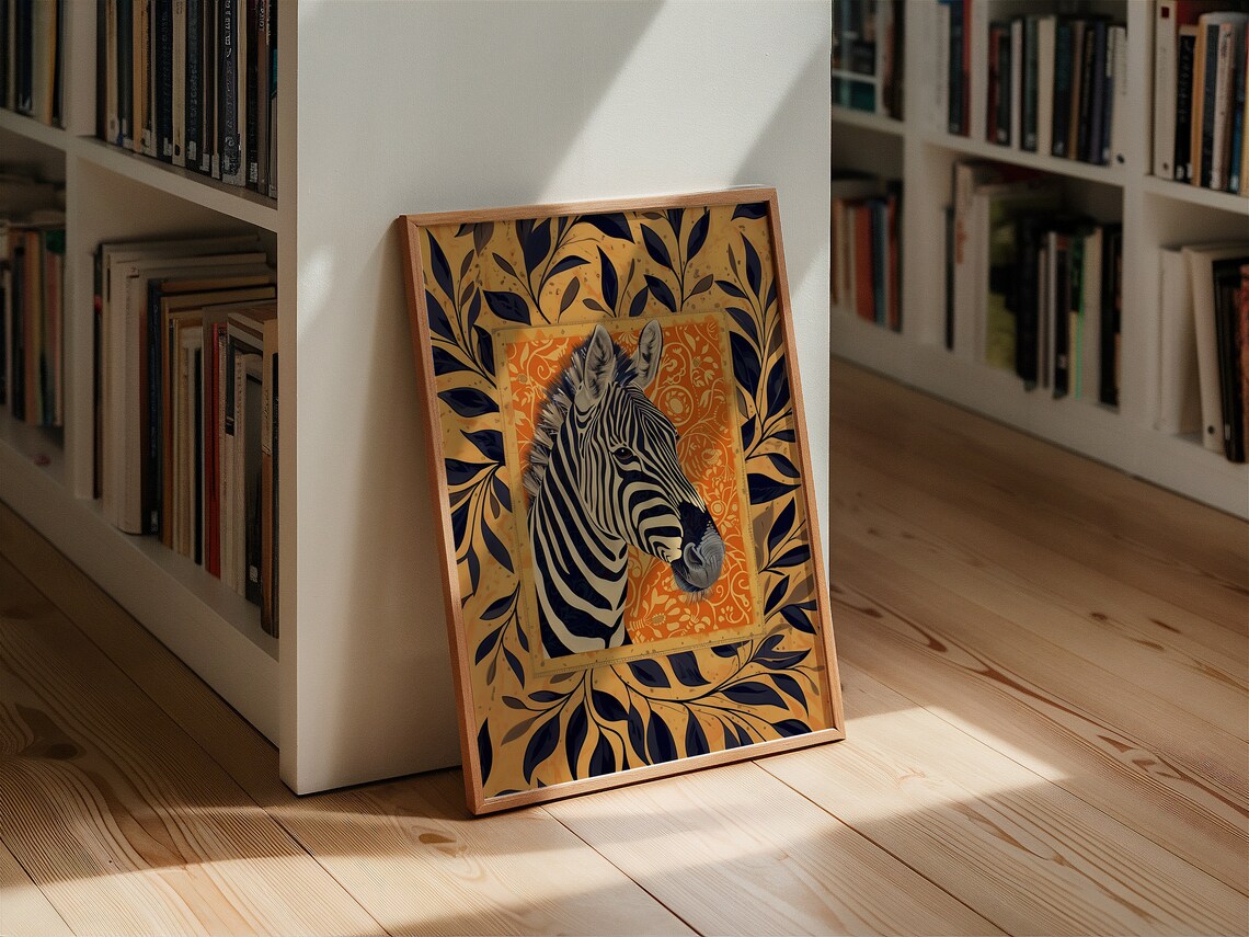 Zebra Head Portrait Against Orange Ornate Floral Panel Art Print - Image 3