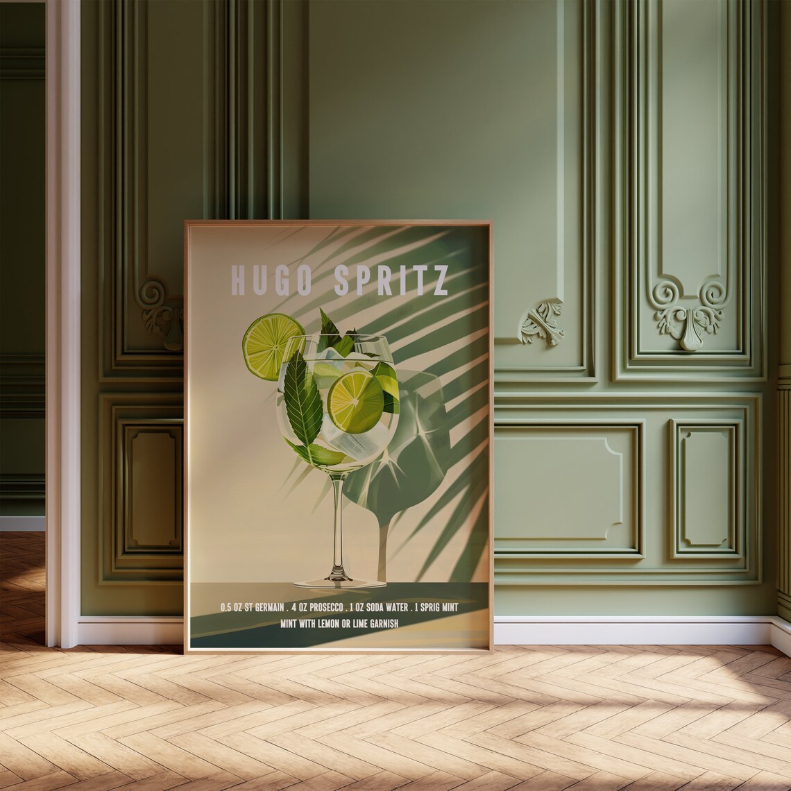Retro Hugo Spritz Cocktail Recipe Art With Mint And Lime Garnish Poster - Image 4