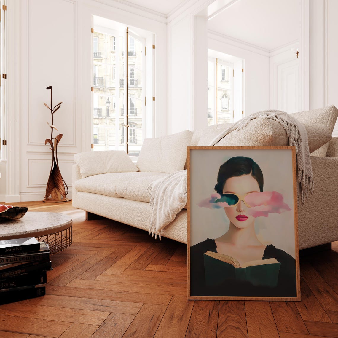 Woman Reading With Pink Cloud Sunglasses Surreal Portrait Poster - Image 3