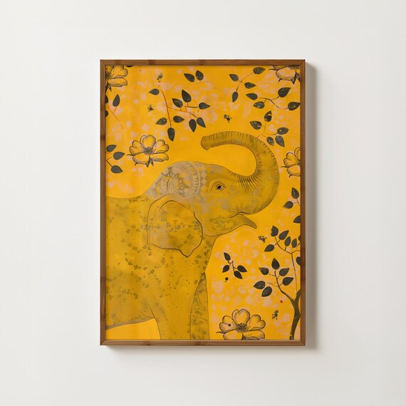 Yellow Indian Folk Elephant Mustard Botanical Wall Art Decor