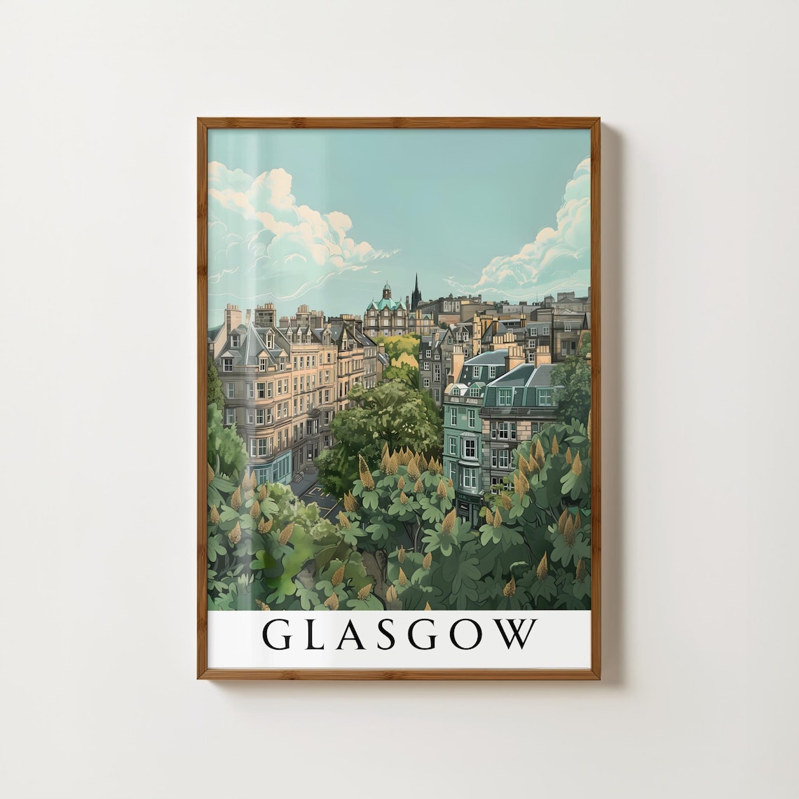 Glasgow City Rooftops Over Trees Illustrated Travel Art Poster