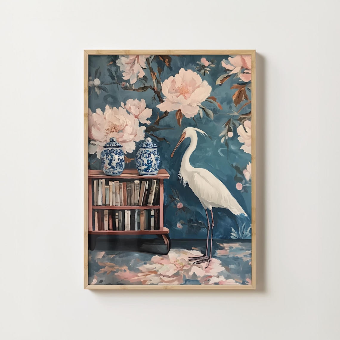 White Egret Beside Wooden Bookshelf Chinoiserie Peony Art Poster