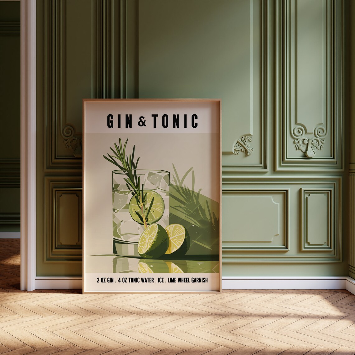 Gin Tonic Retro Cocktail Poster, Bar Cart Decor - Image 2
