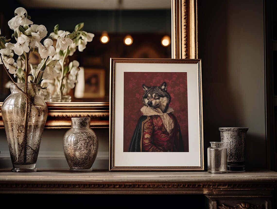 Noble Wolf In Renaissance Ruff Red Brocade Costume Portrait Poster - Image 4