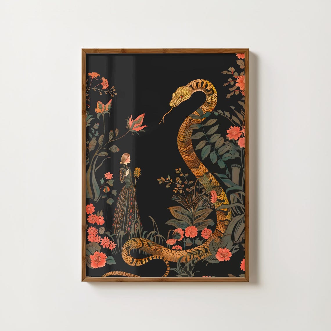 Golden Serpent And Lady Dark Jungle Floral Illustration Poster