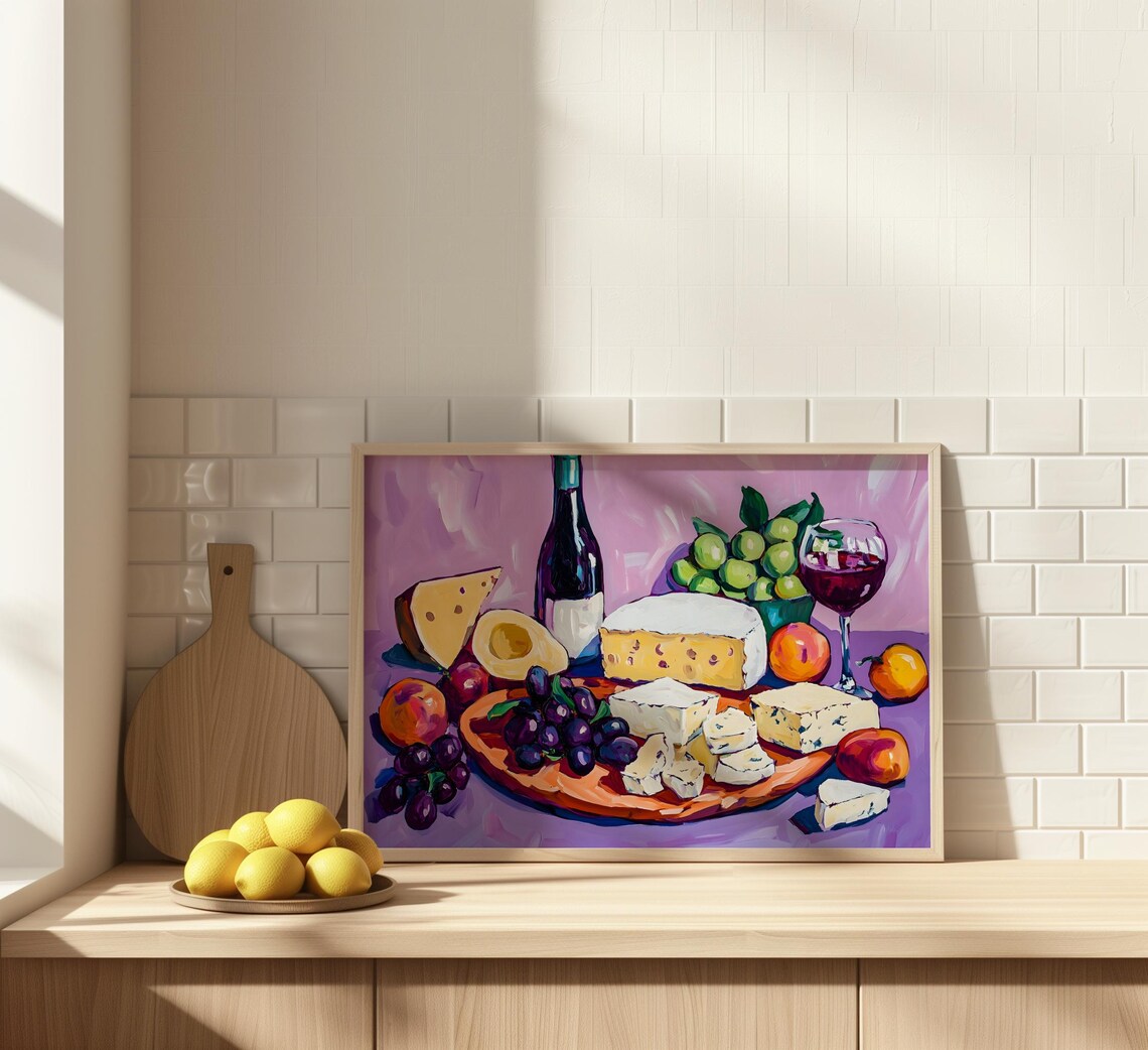 Wine And Cheese Board Still Life With Grapes On Purple Background Poster - Image 4