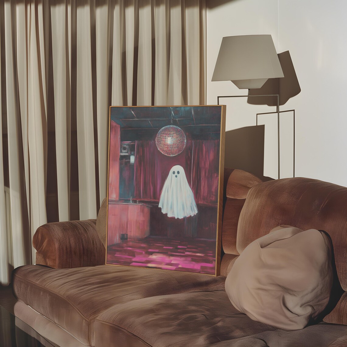 Cute Ghost Disco Ball Spooky Pink Halloween Party Art Poster - Image 2