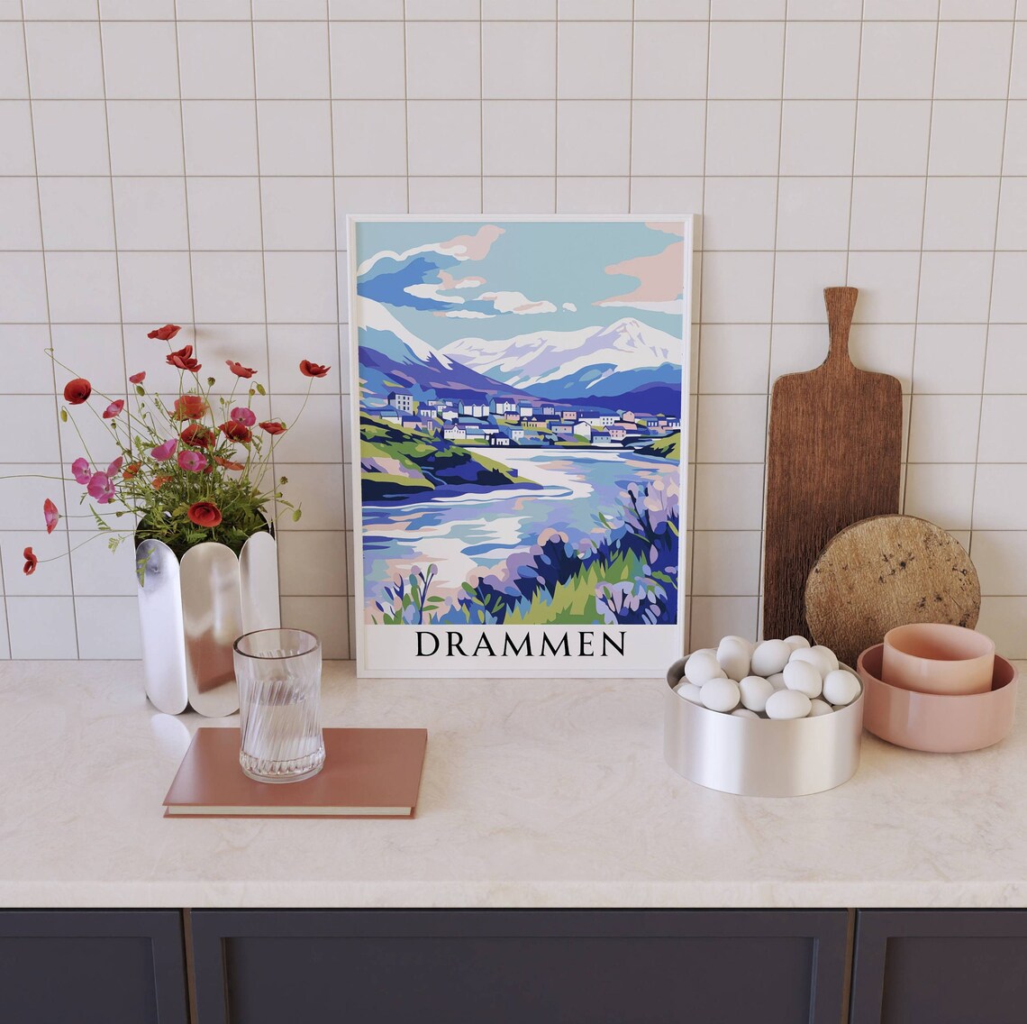 Drammen Norway Fjord Snowy Mountain City Pastel Nordic Travel Poster - Image 4