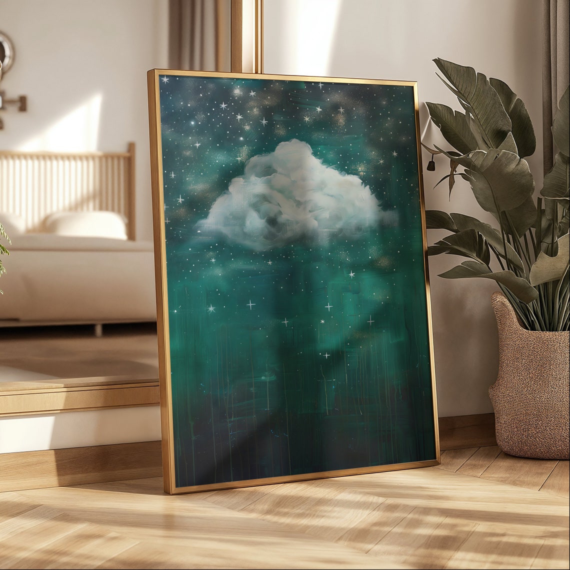 Beautiful Starry Teal Night Sky with a Glowing White Cloud Poster - Image 4