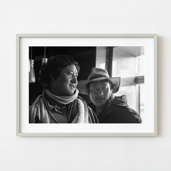 Two Tibetan Men in Warm Clothing Black and White Portrait Photo Print