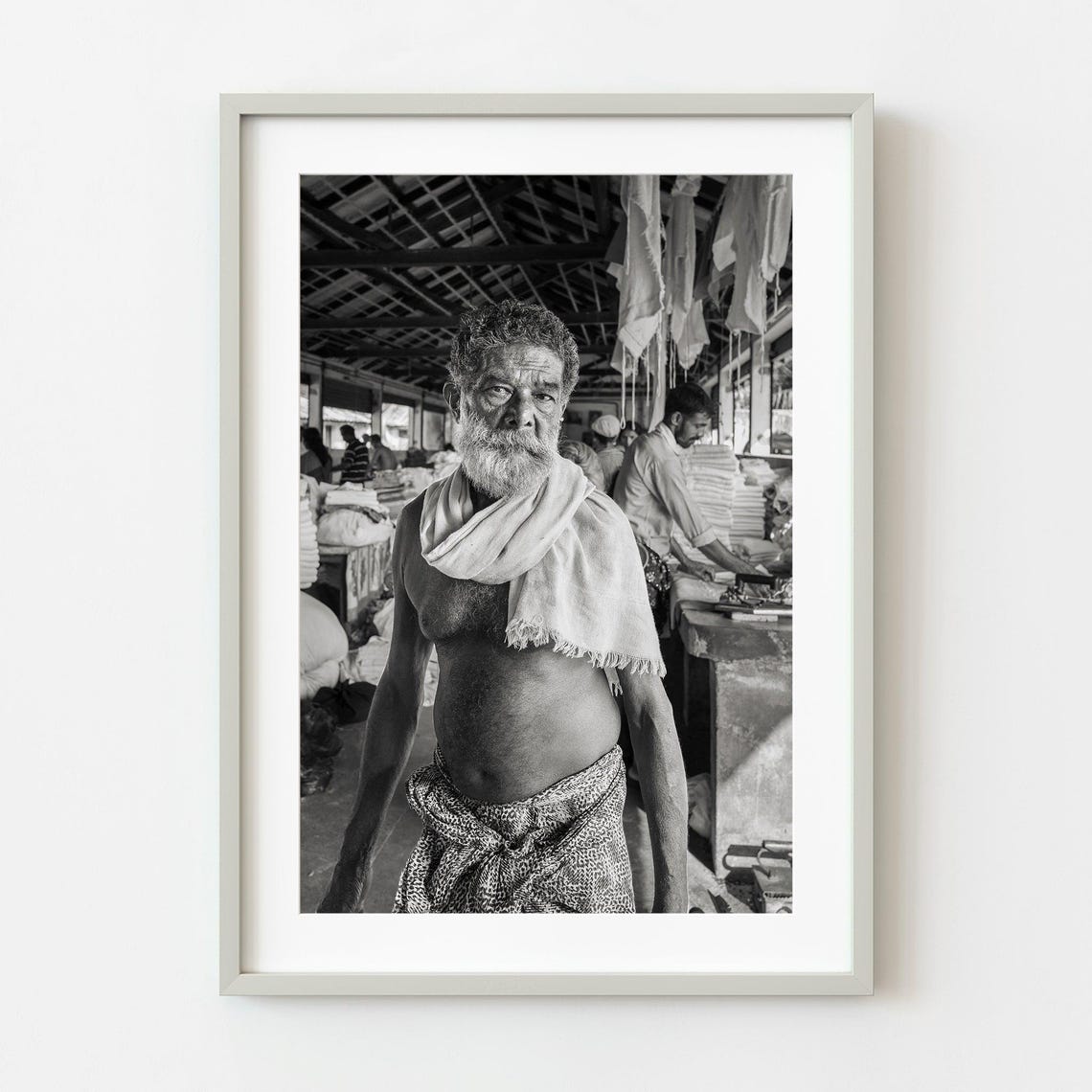 Elderly Laundry Worker Portrait Kochi India Monochrome Photo Poster